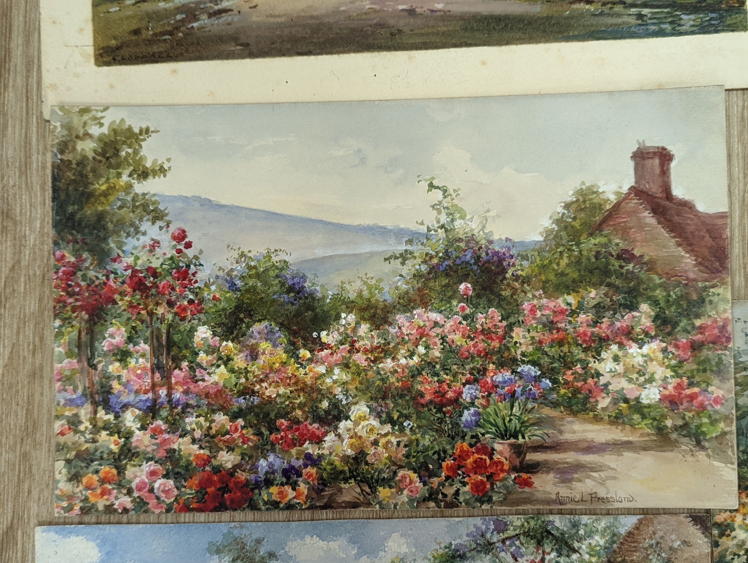 Annie Pressland (1862-1933), four watercolours; The Pergola, In The Rose Garden, The Rose Garden , Wannock & The Tea Court, Wannock, signed, 17.5 x 28cm. and two watercolours by George Goodall; A Glimpse of the Nile & An